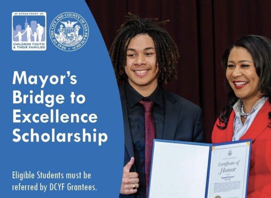 Recipient of the mayor's bridge to excellence scholarship poses with official holding a certificate of honor.